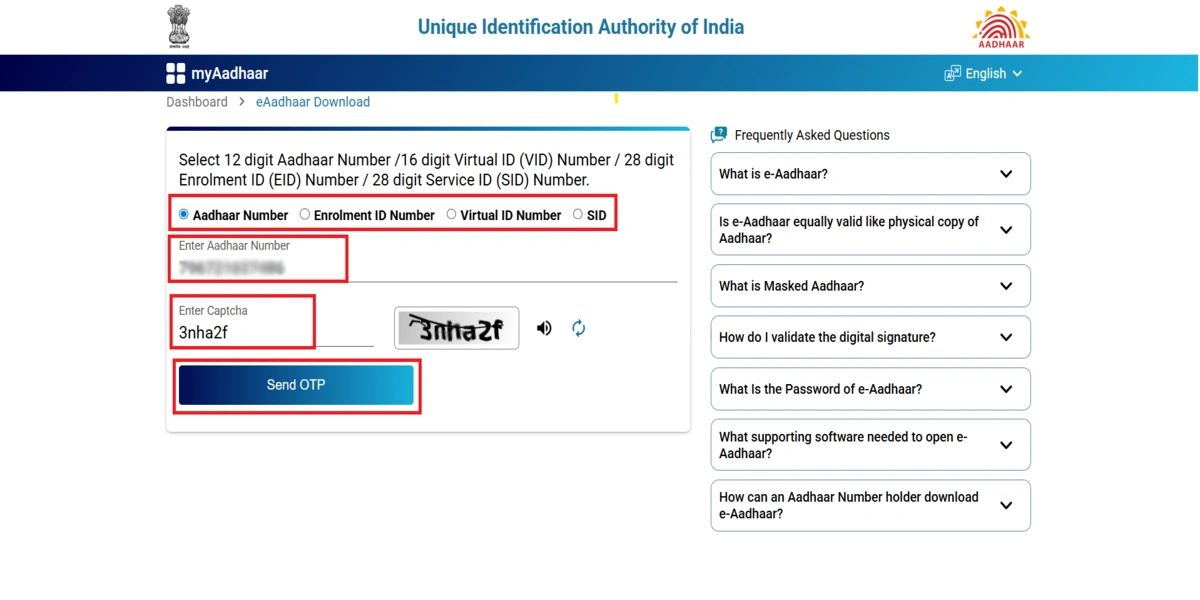 choose option and enter aadhaar number